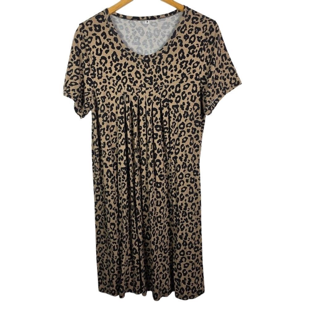 Leopard Print Short Sleeve Dress Medium Animal Print Babydoll Tunic Dress Size M